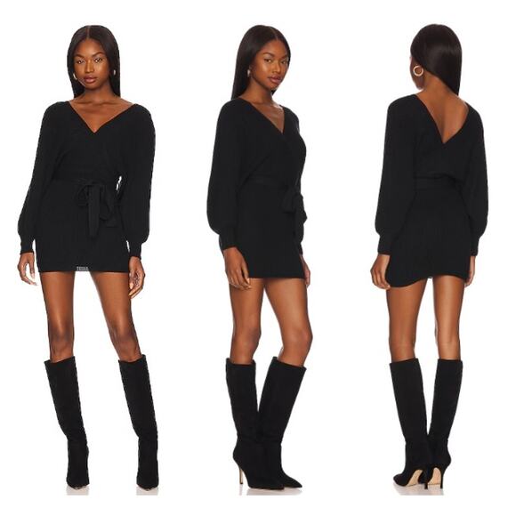 ALL THE WAYS | NWT Deena Sweater Dress in Black Tie Waist V-Neck Knit Mini L - Picture 1 of 9